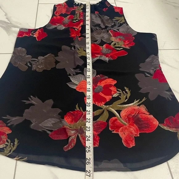 Elegant Sleeveless Black Floral Blouse Lined Ruched High Neck Back Zipper Sz XS - Picture 10 of 11